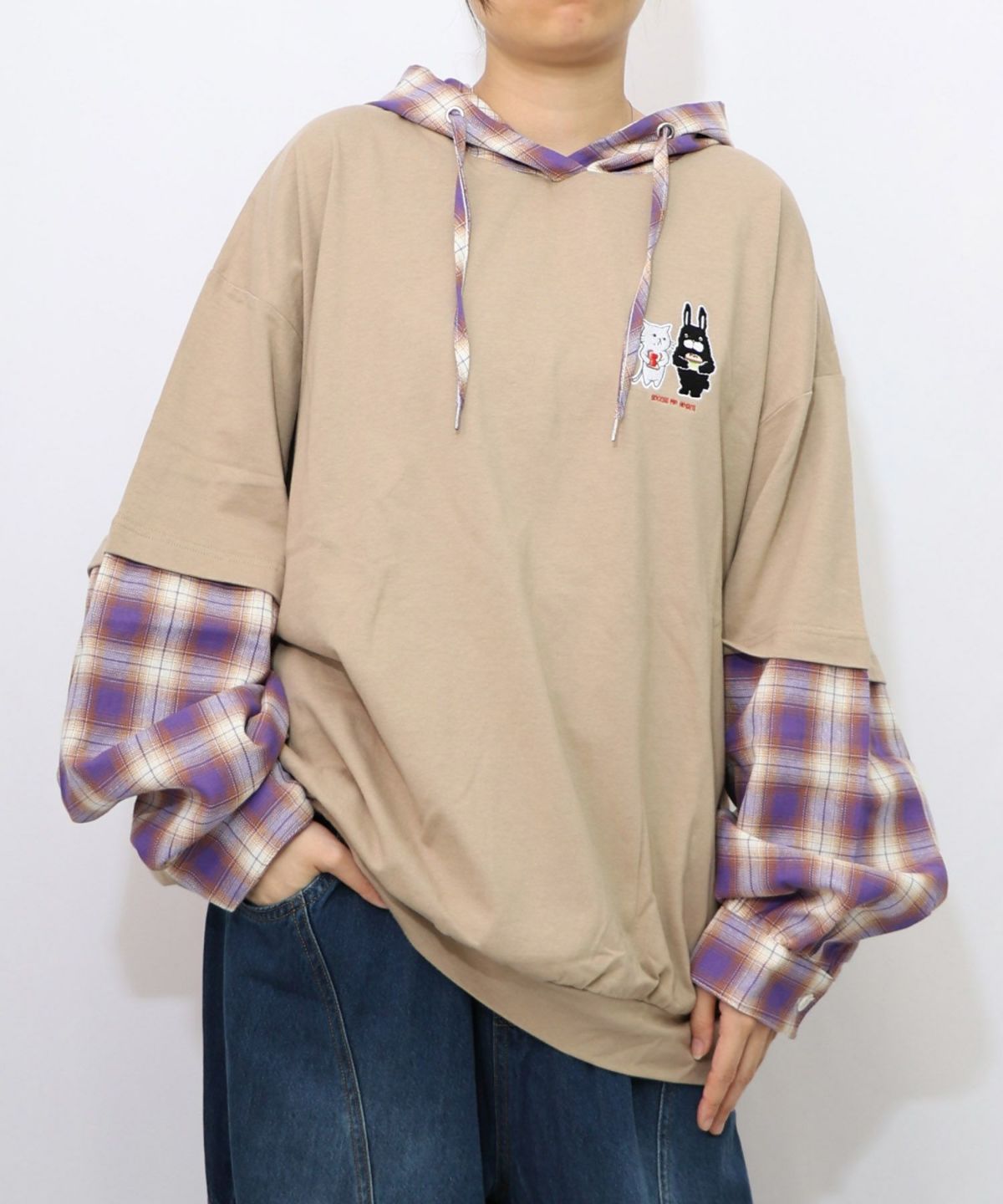ネコとラビルのチェック柄切替フーデッドプルオーバー-16