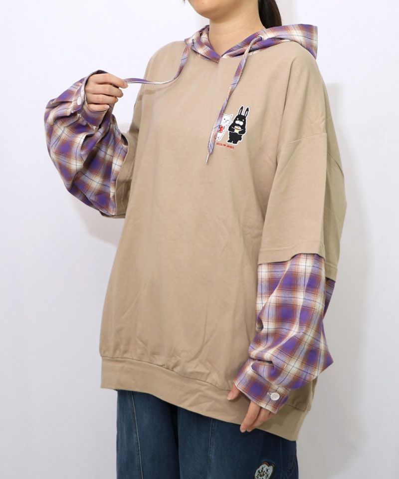 ネコとラビルのチェック柄切替フーデッドプルオーバー-17