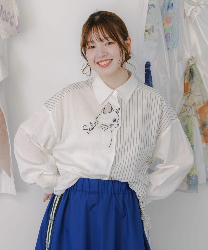 ネコの横顔刺繍 ストライプ切替シャツ-1