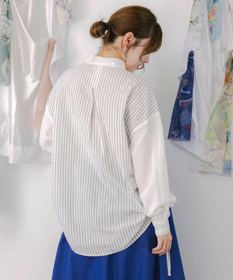 ネコの横顔刺繍 ストライプ切替シャツ-5