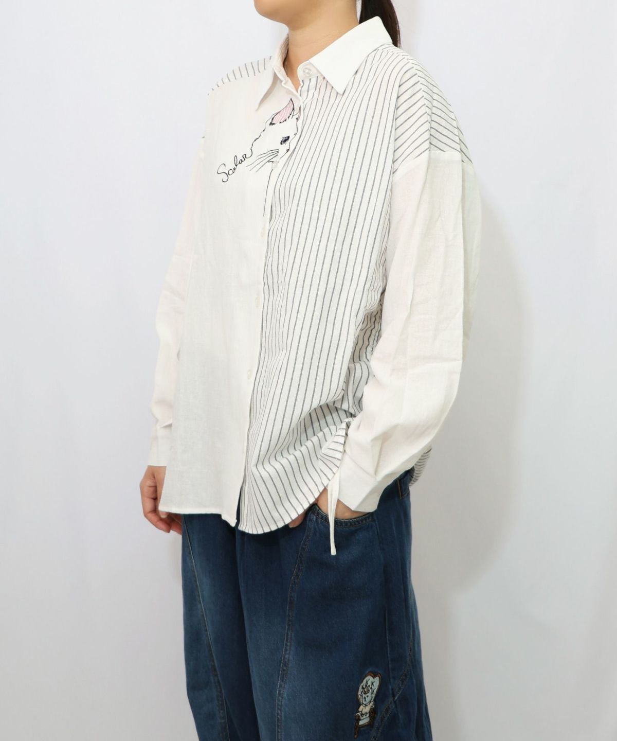 ネコの横顔刺繍 ストライプ切替シャツ-7