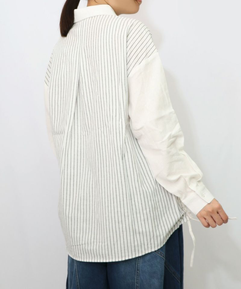 ネコの横顔刺繍 ストライプ切替シャツ-9