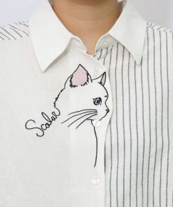 ネコの横顔刺繍 ストライプ切替シャツ-10