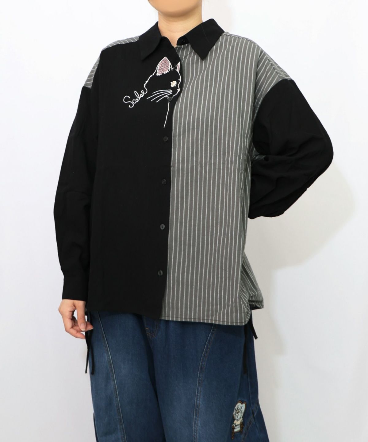 ネコの横顔刺繍 ストライプ切替シャツ-11