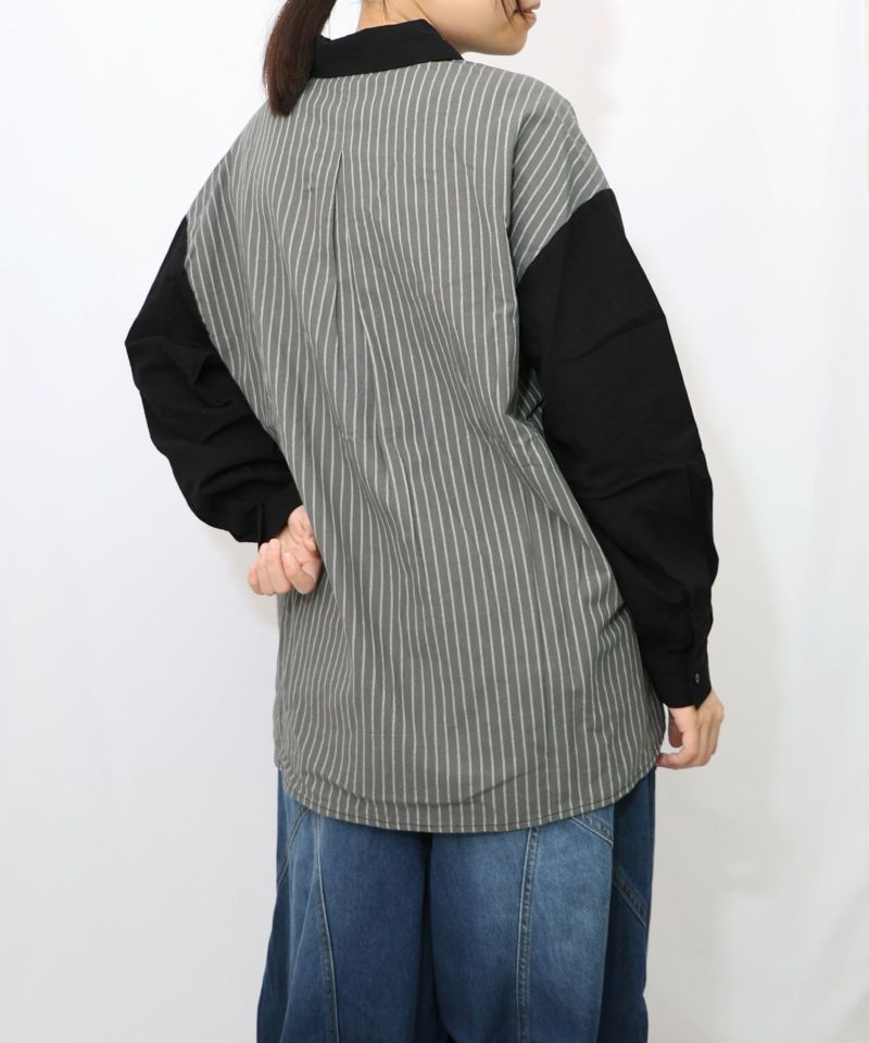 ネコの横顔刺繍 ストライプ切替シャツ-13