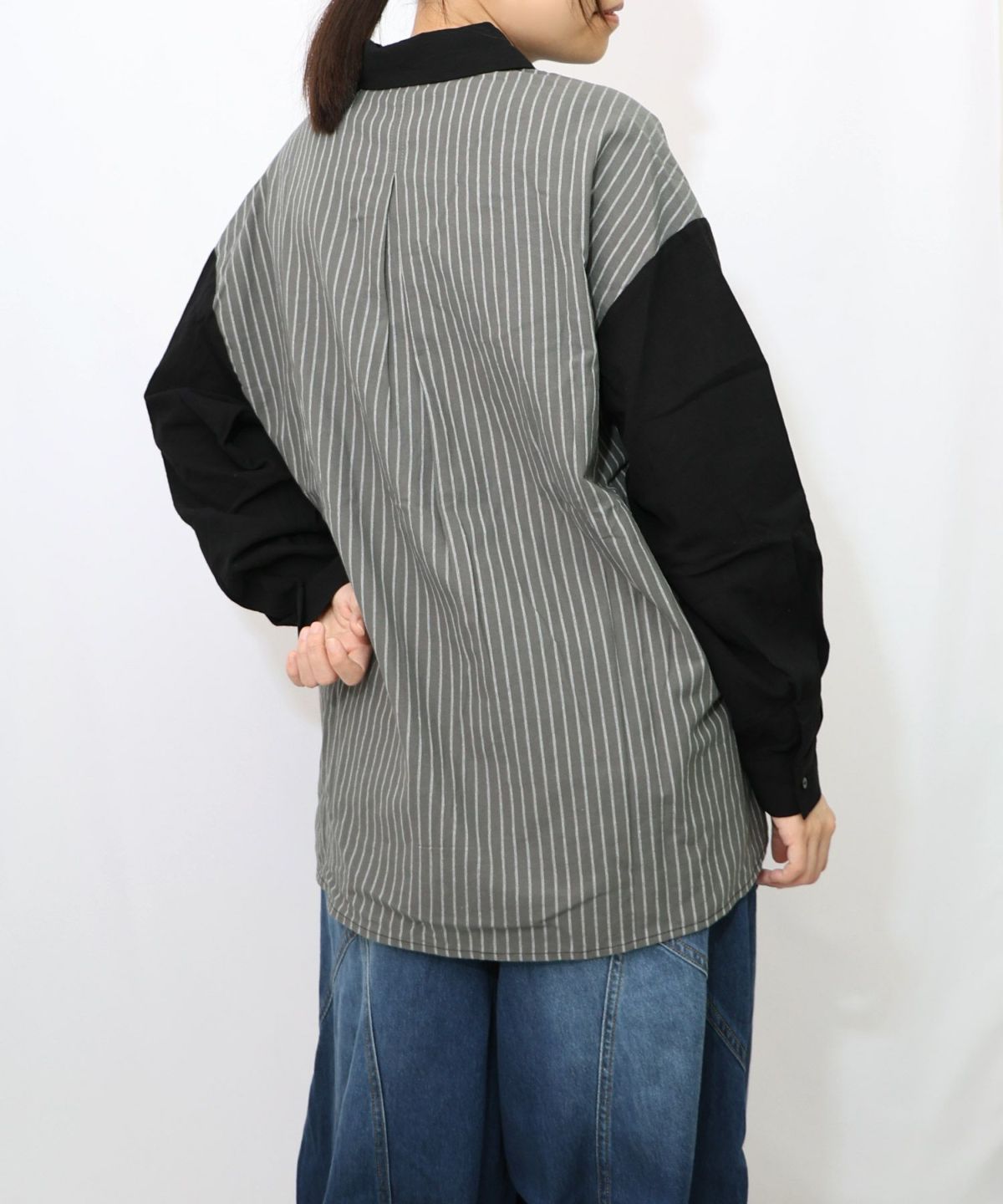 ネコの横顔刺繍 ストライプ切替シャツ-13