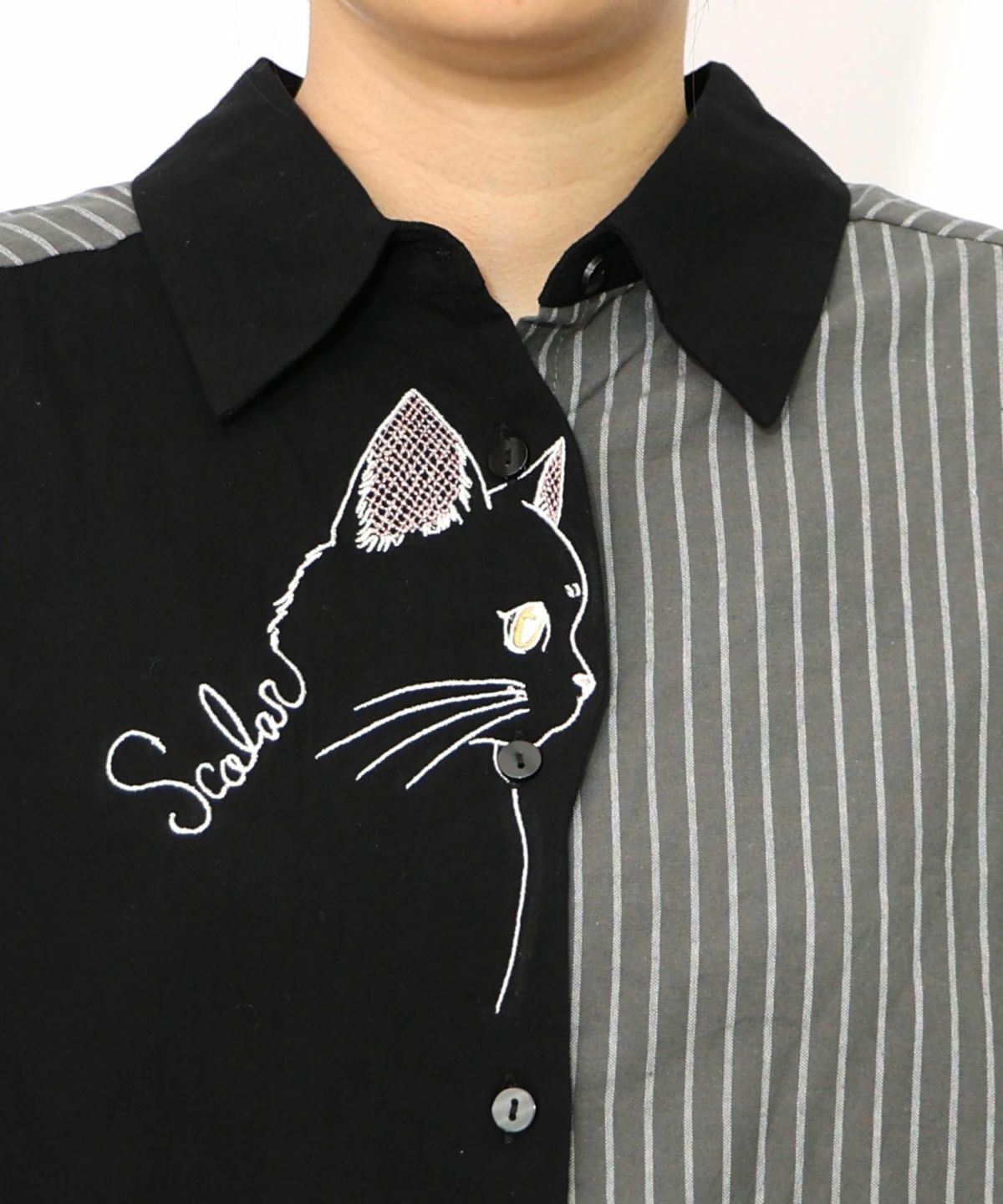 ネコの横顔刺繍 ストライプ切替シャツ-14