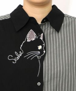 ネコの横顔刺繍 ストライプ切替シャツ-14