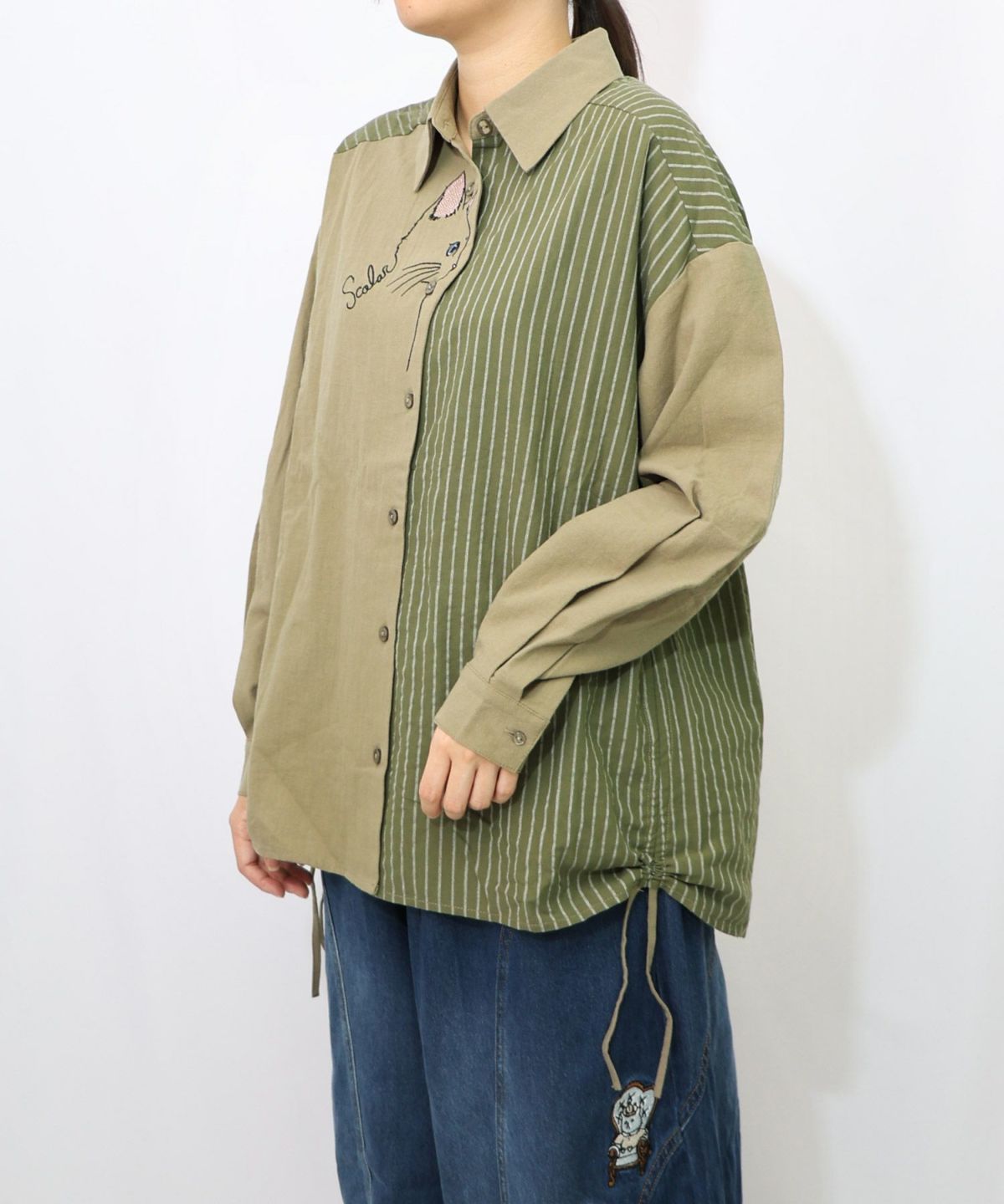 ネコの横顔刺繍 ストライプ切替シャツ-15