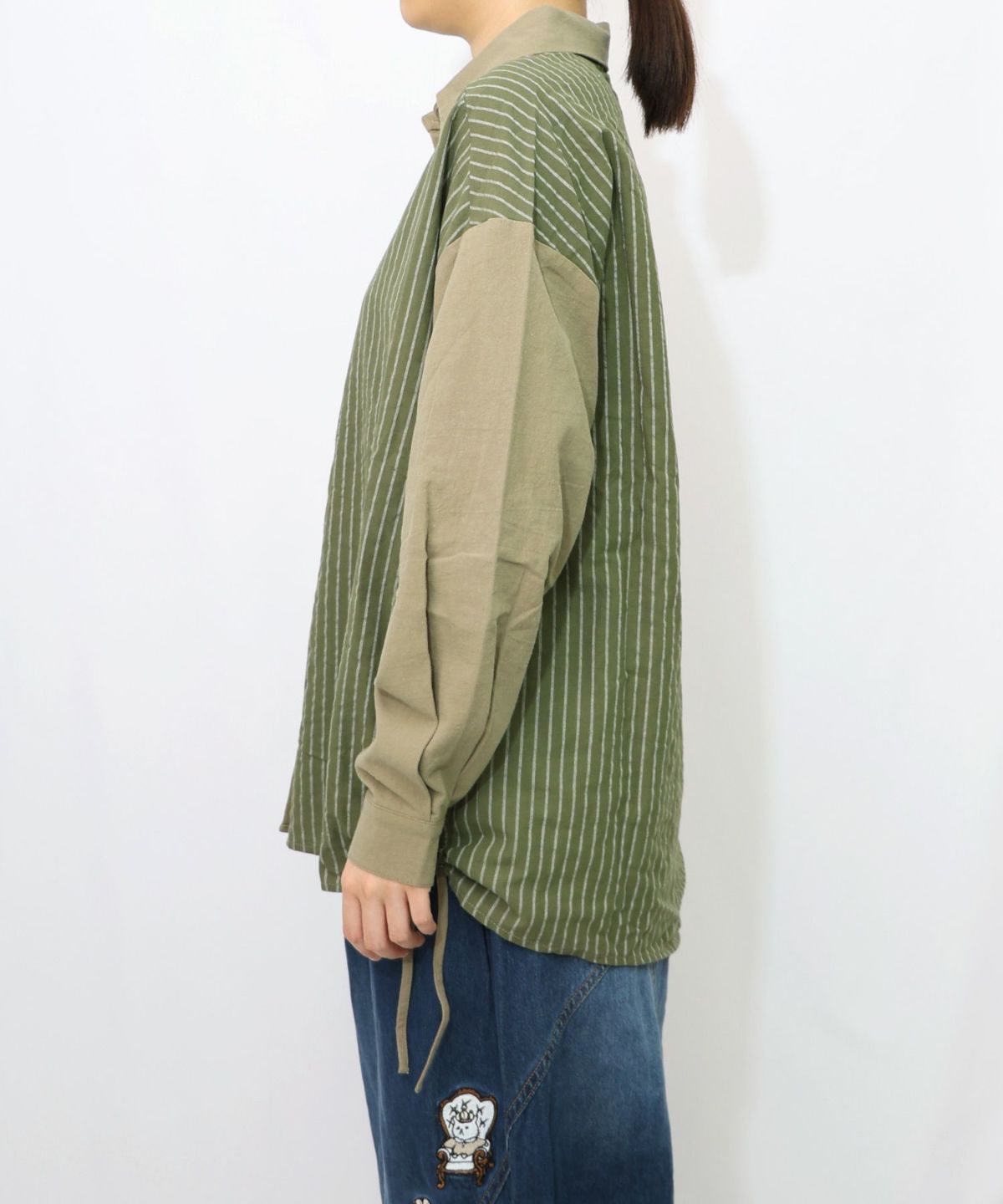 ネコの横顔刺繍 ストライプ切替シャツ-16