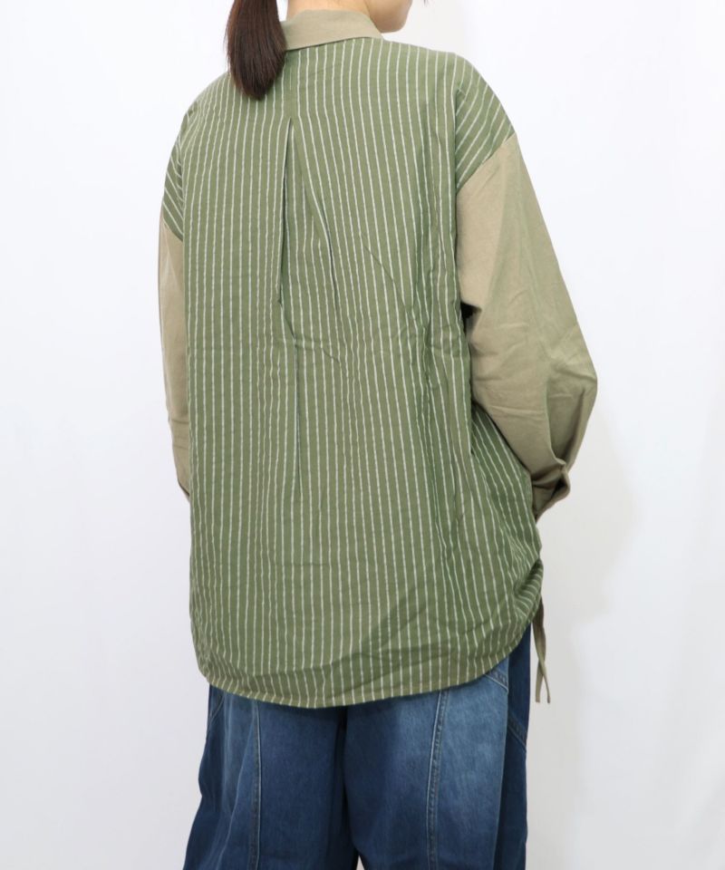 ネコの横顔刺繍 ストライプ切替シャツ-17