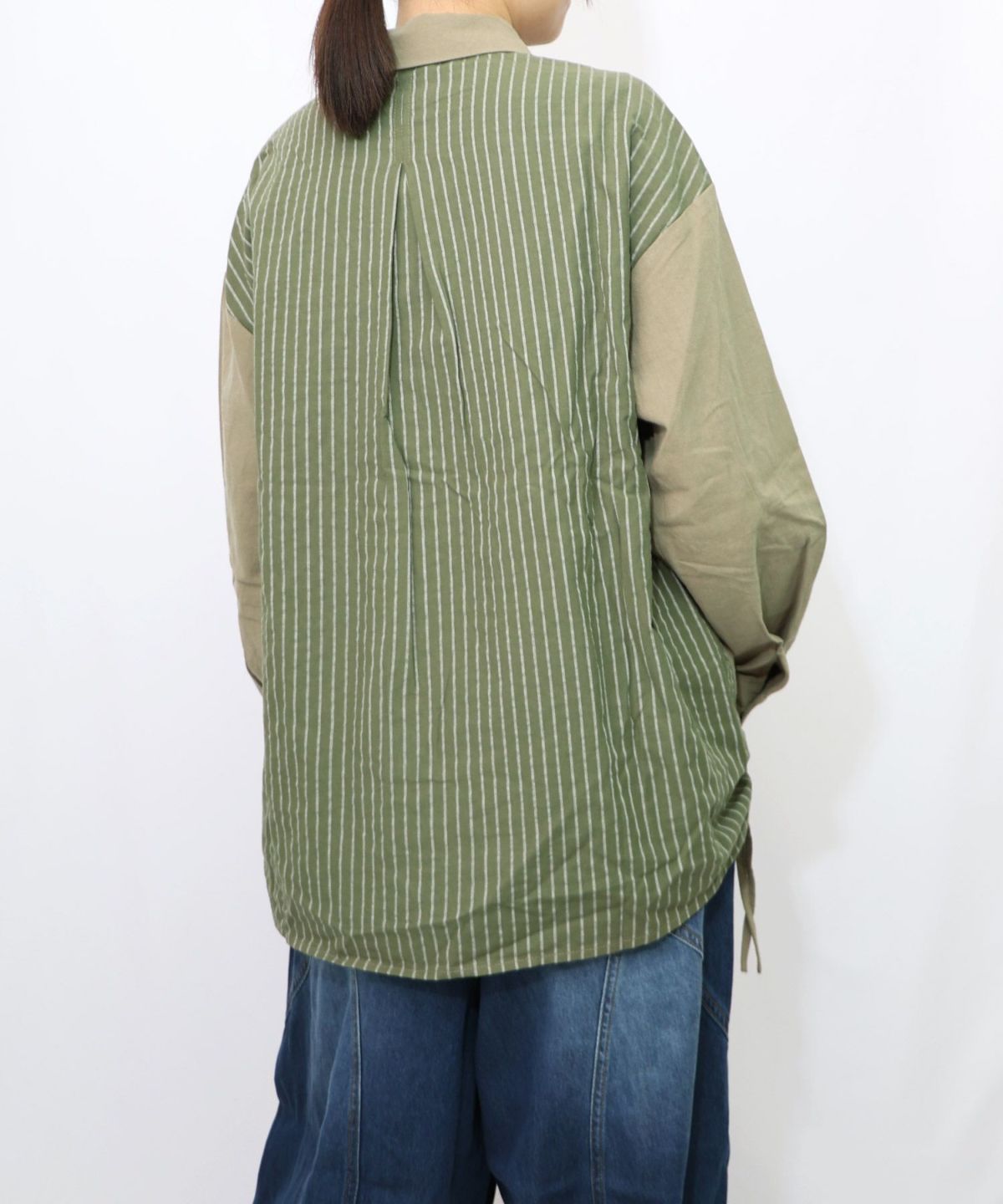 ネコの横顔刺繍 ストライプ切替シャツ-17