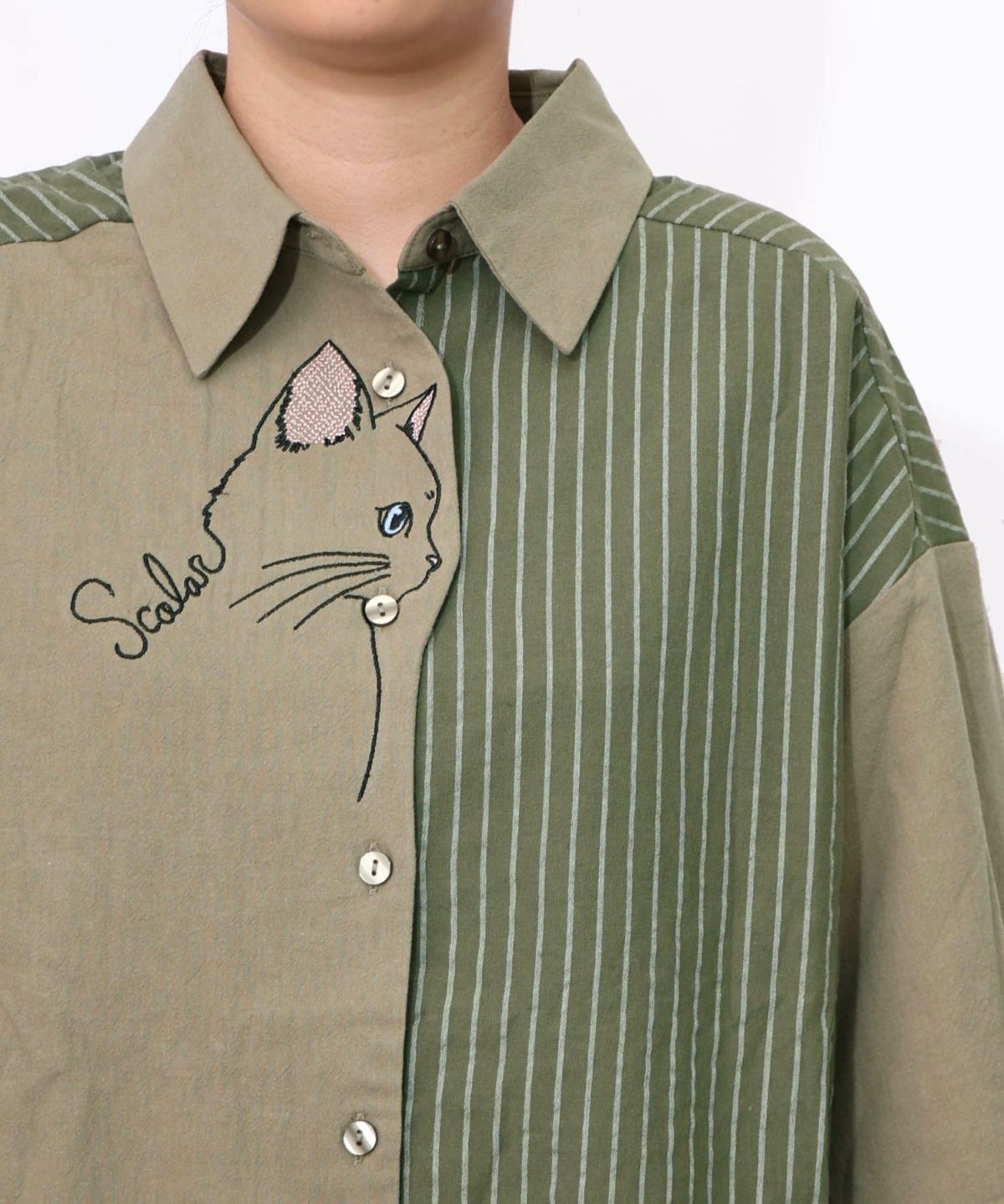 ネコの横顔刺繍 ストライプ切替シャツ-19