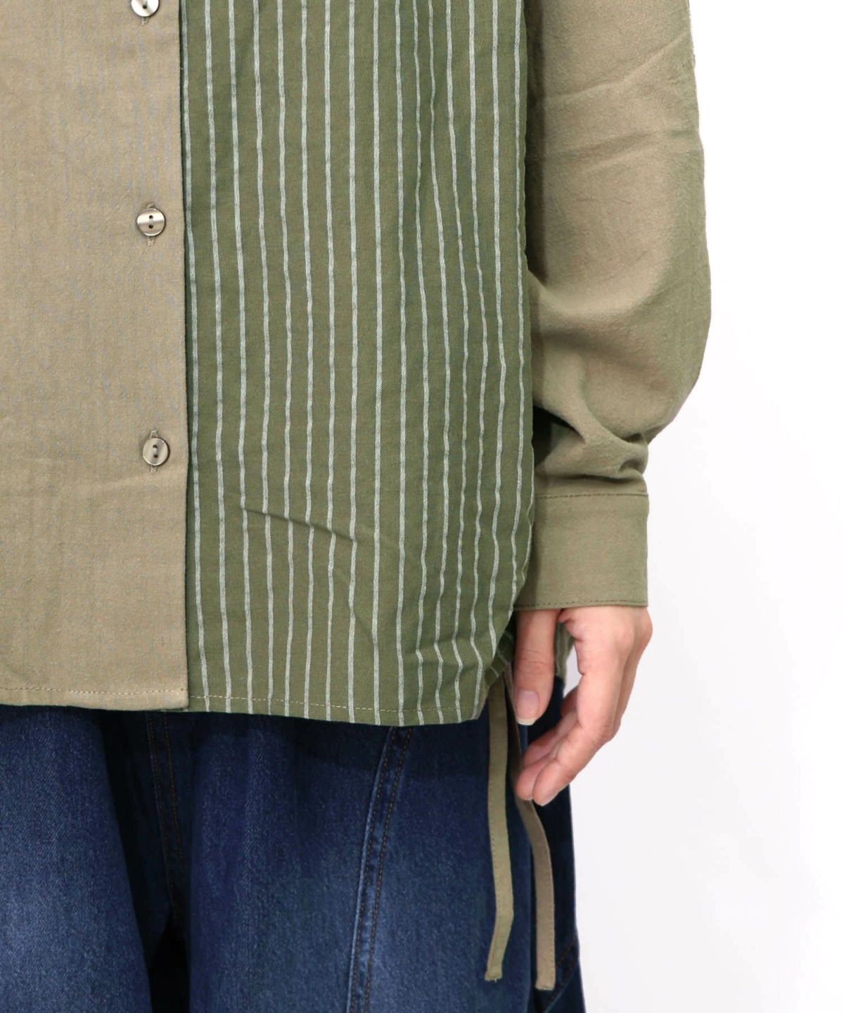 ネコの横顔刺繍 ストライプ切替シャツ-20