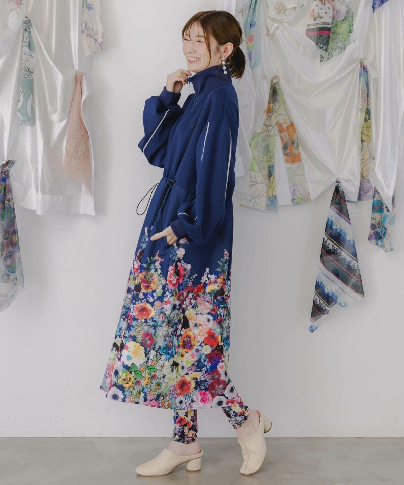 花柄に隠れ黒ネコ柄 ハーフジップジャージワンピース-4