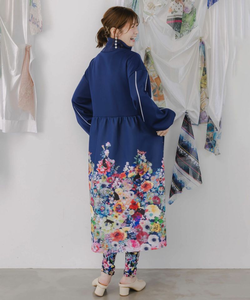 花柄に隠れ黒ネコ柄 ハーフジップジャージワンピース-5