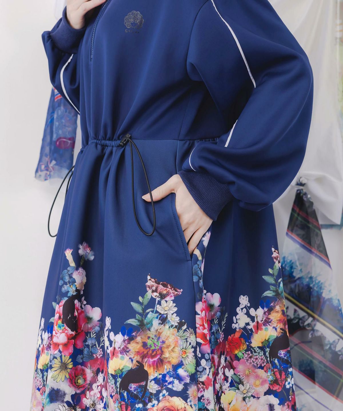 花柄に隠れ黒ネコ柄 ハーフジップジャージワンピース-8