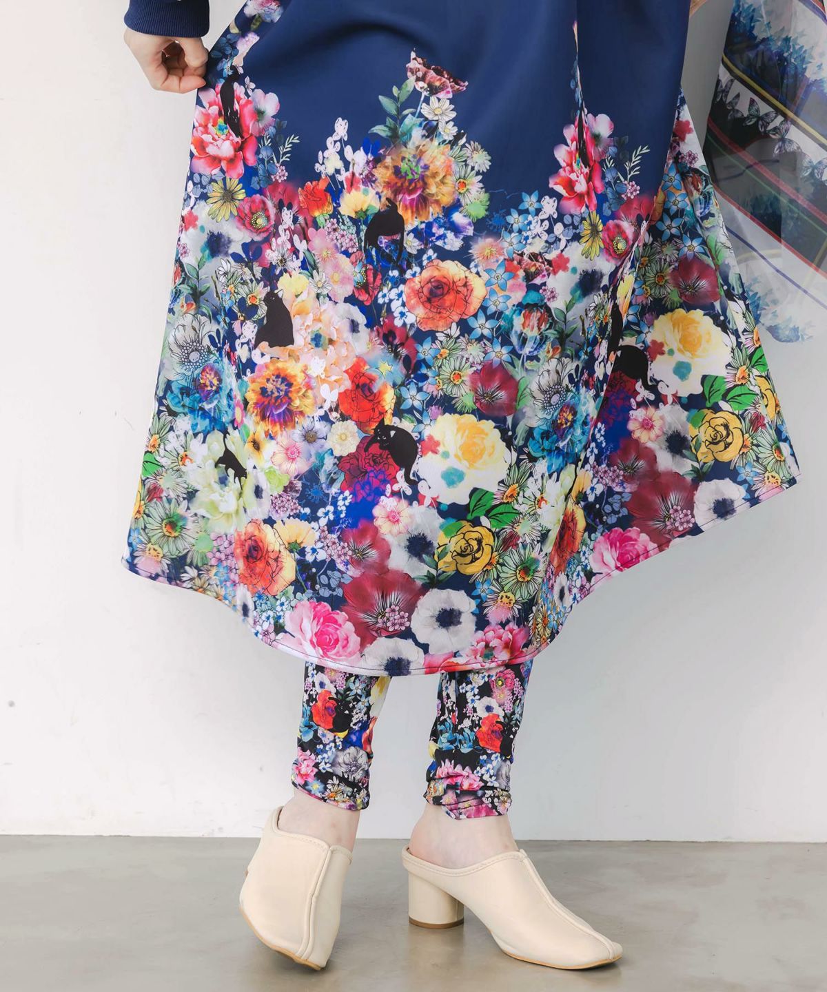 花柄に隠れ黒ネコ柄 ハーフジップジャージワンピース-9