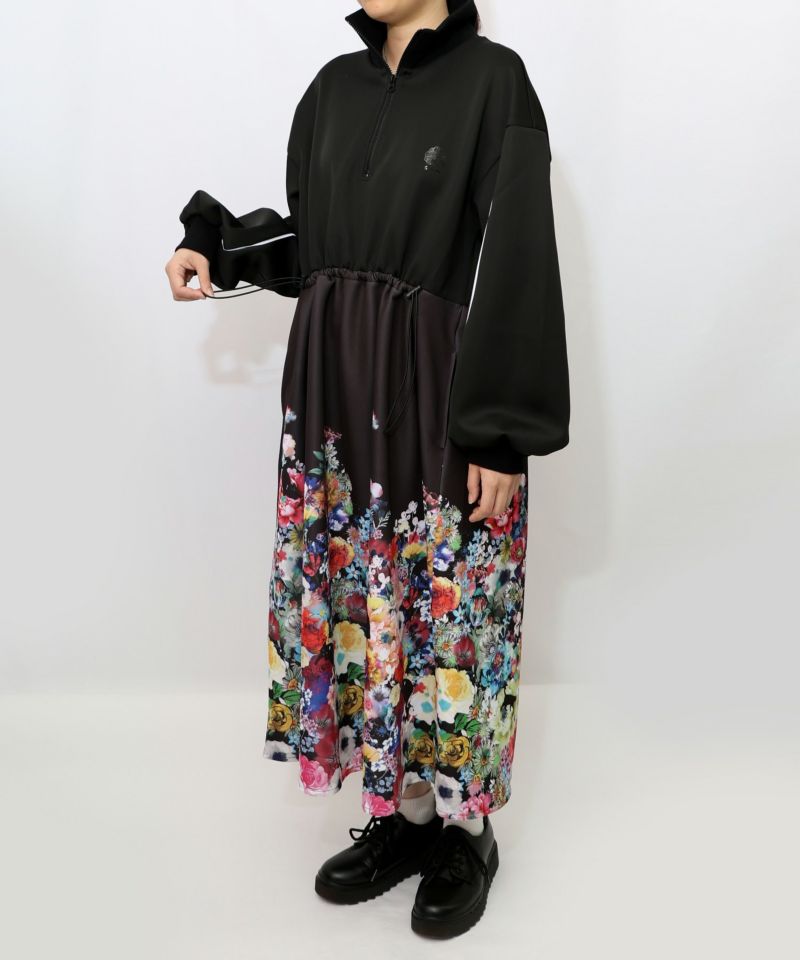 花柄に隠れ黒ネコ柄 ハーフジップジャージワンピース-10