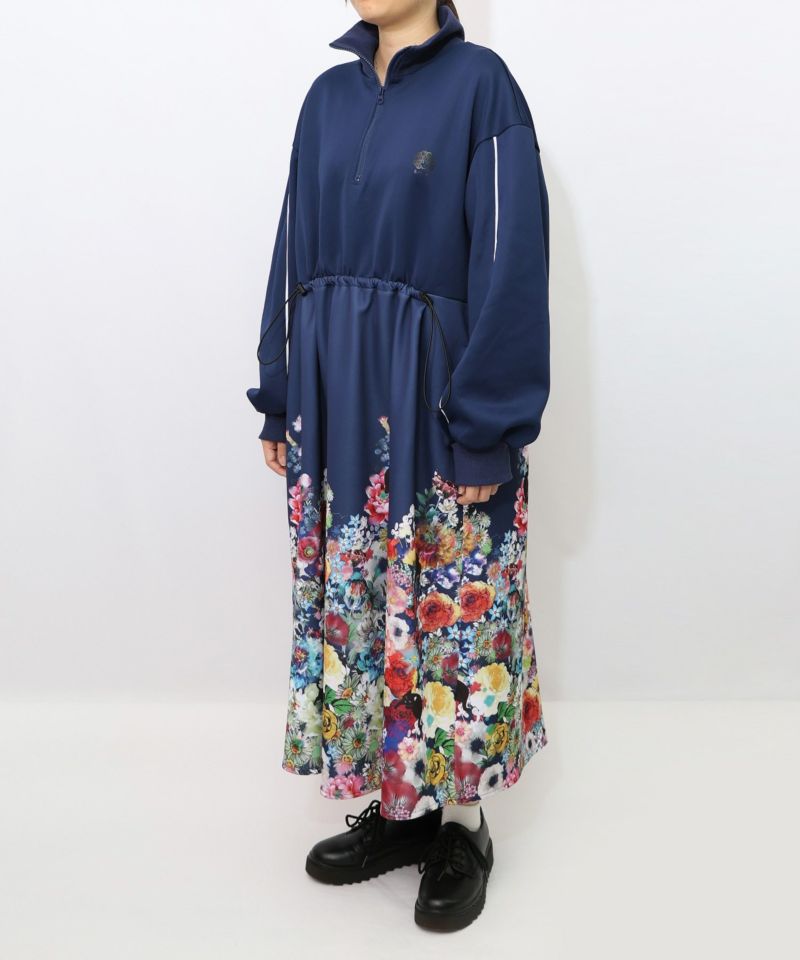 花柄に隠れ黒ネコ柄 ハーフジップジャージワンピース-14