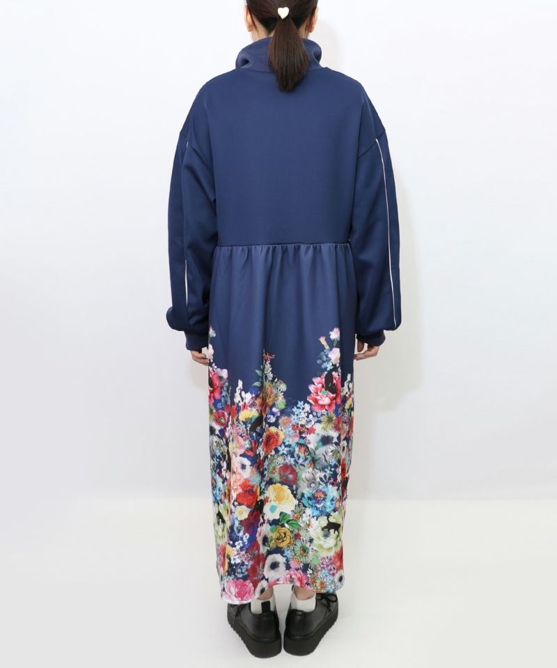 153640：花柄に隠れ黒ネコ柄 ハーフジップジャージワンピースの通販-ScoLar