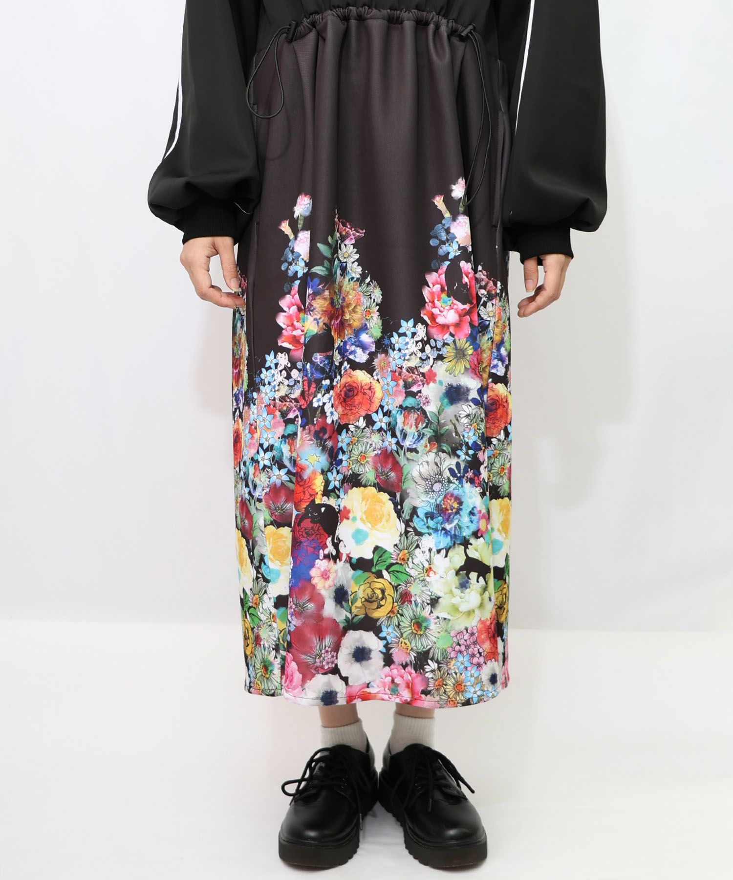 花柄に隠れ黒ネコ柄 ハーフジップジャージワンピース-20