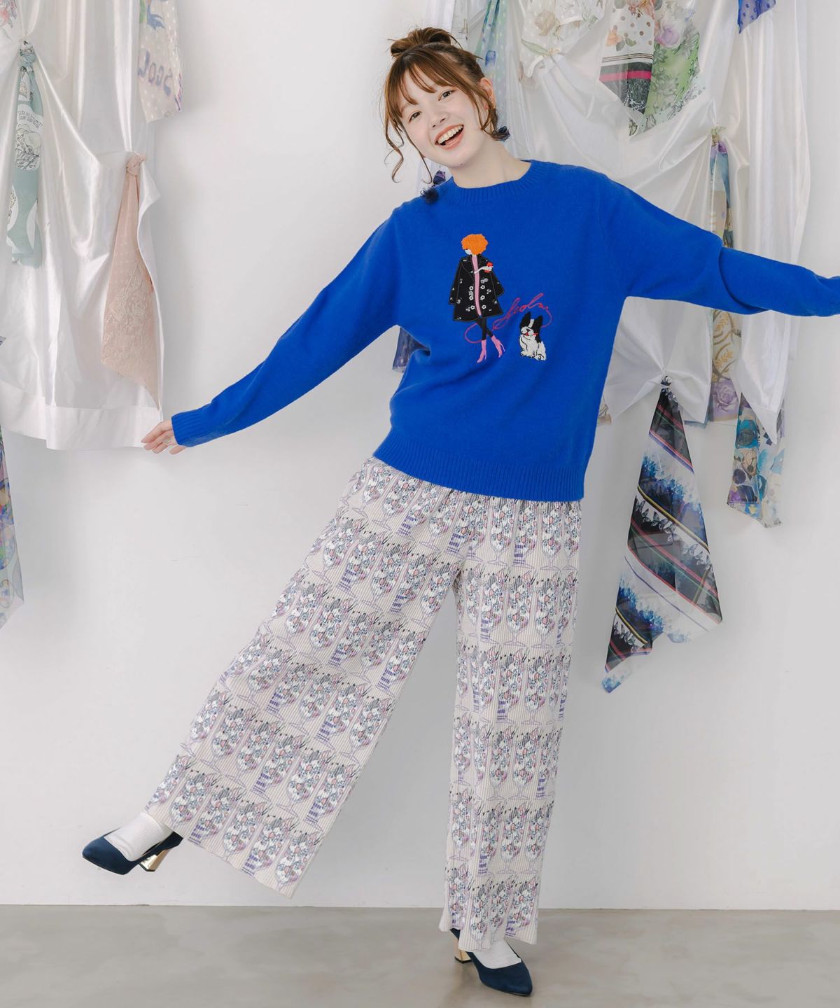 ネコパフェ・蝶柄 ベロアプリーツパンツ-2