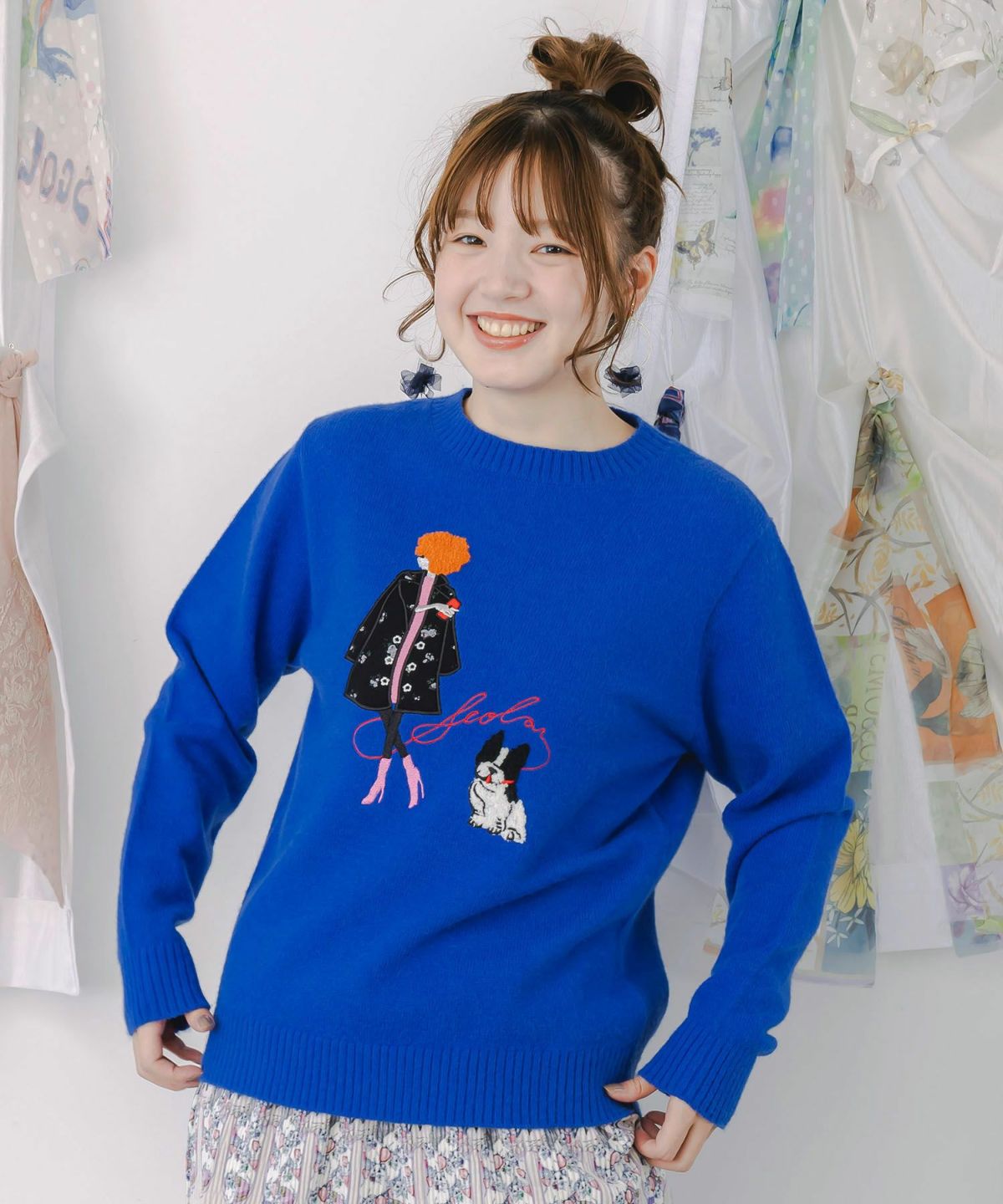 女の子とワンちゃん刺繍アップリケ ニットプルオーバー-3