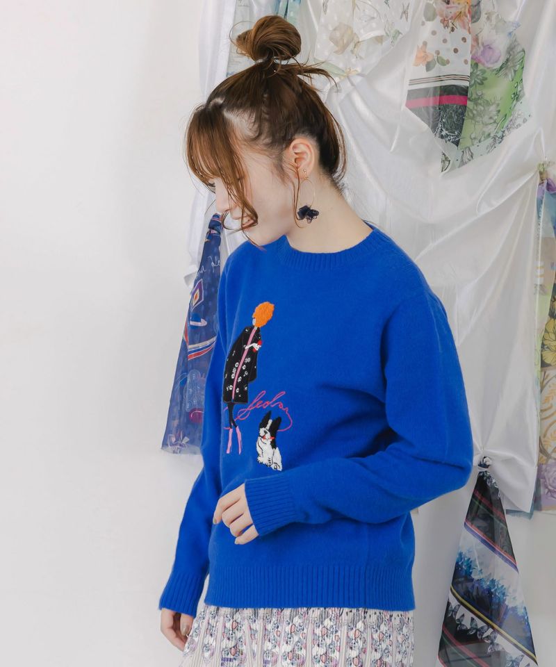 女の子とワンちゃん刺繍アップリケ ニットプルオーバー-4