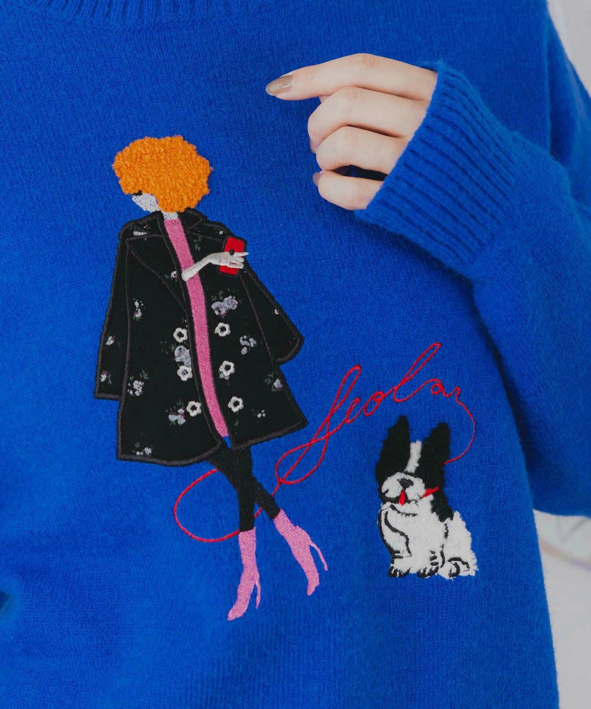 女の子とワンちゃん刺繍アップリケ ニットプルオーバー-6