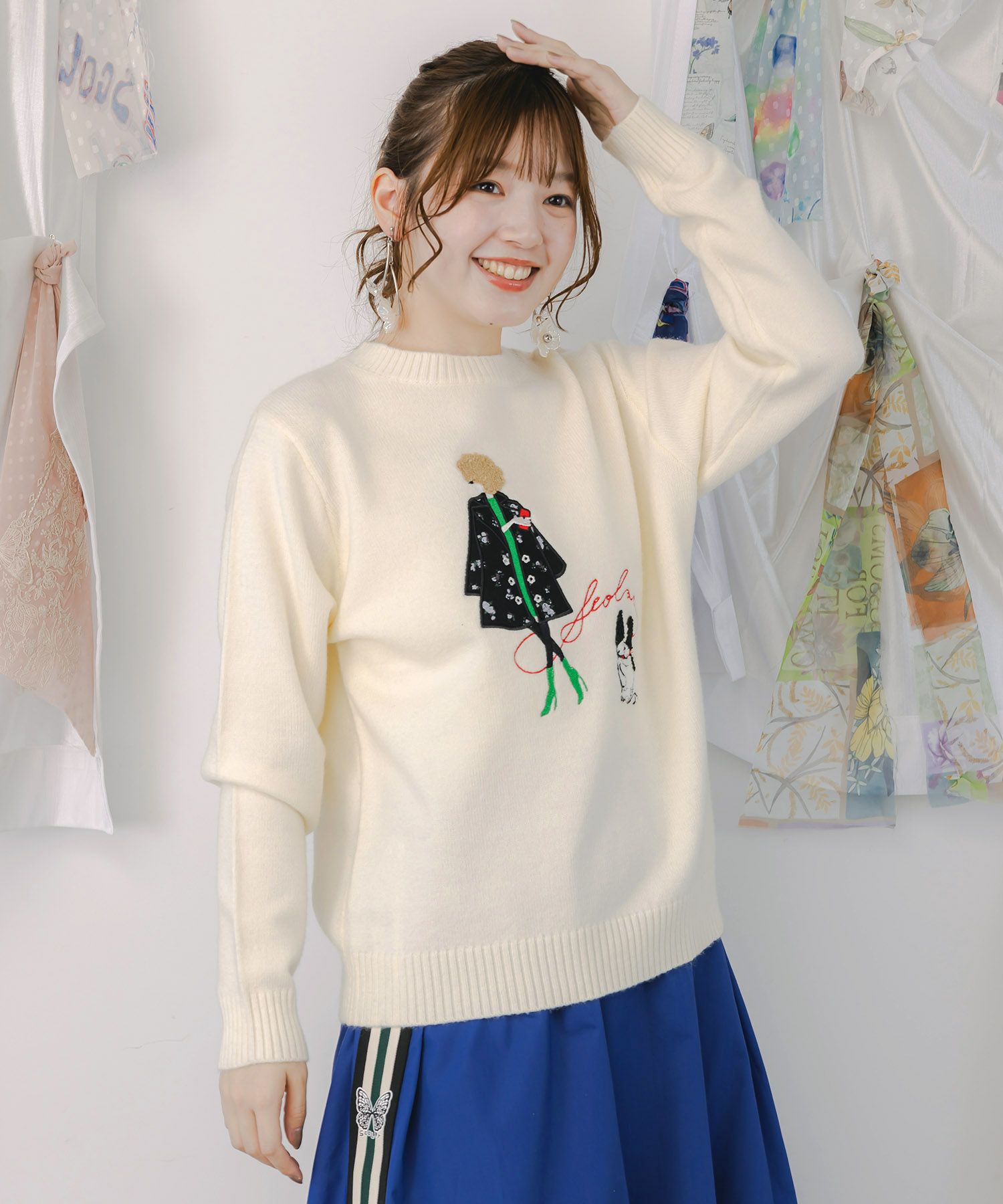 女の子とワンちゃん刺繍アップリケ ニットプルオーバー-7