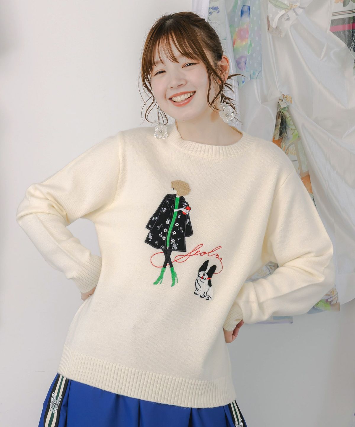 女の子とワンちゃん刺繍アップリケ ニットプルオーバー-9