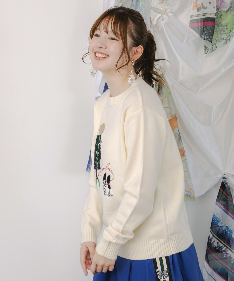 ぷるちゃん♪ 153638：女の子とワンちゃん刺繍アップリケ ニットプルオーバー