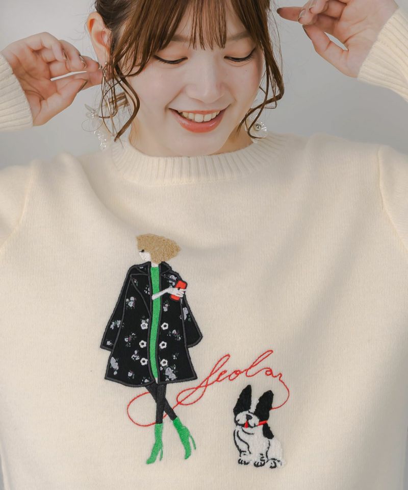 女の子とワンちゃん刺繍アップリケ ニットプルオーバー-12