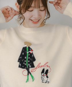 オーバージャケット☆雅子様御用達Rêve De Femme 犬イラスト ブルゾン 153638：女の子とワンちゃん刺繍アップリケ ニットプルオーバー
