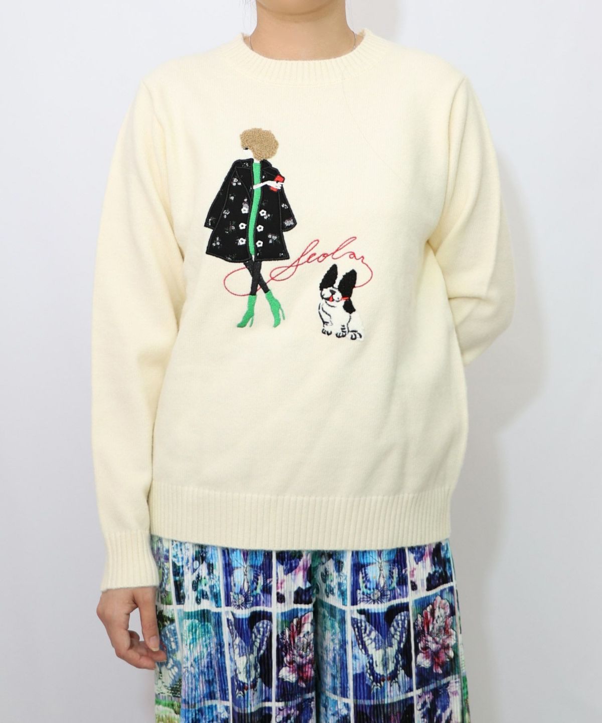 女の子とワンちゃん刺繍アップリケ ニットプルオーバー-13