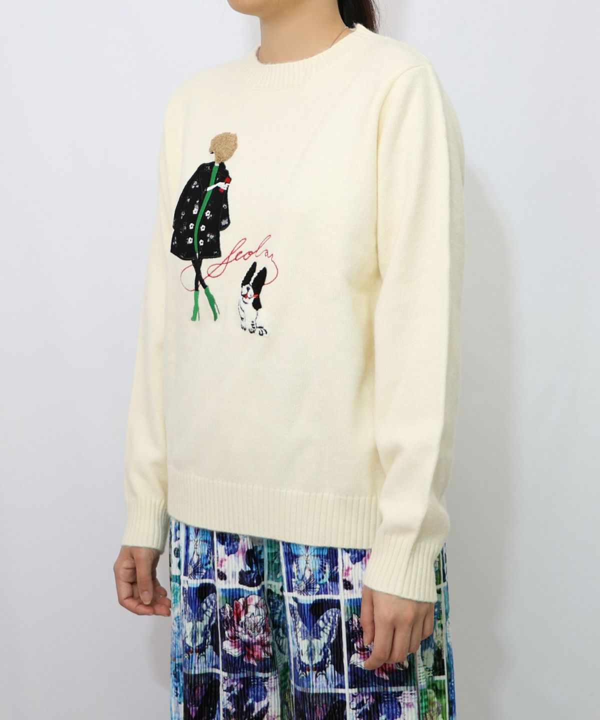 女の子とワンちゃん刺繍アップリケ ニットプルオーバー-14