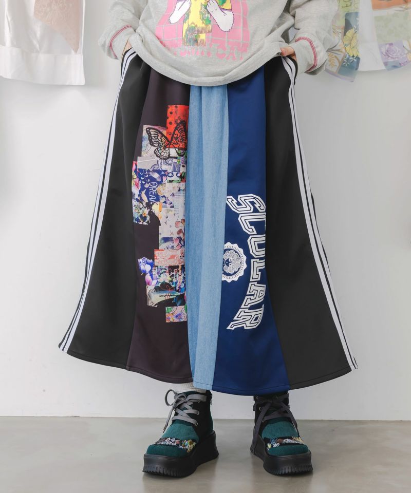 ロゴコラージュ柄 デニム×ジャージ切替スカート-1