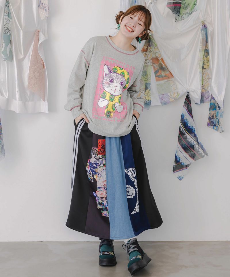 ロゴコラージュ柄 デニム×ジャージ切替スカート-2