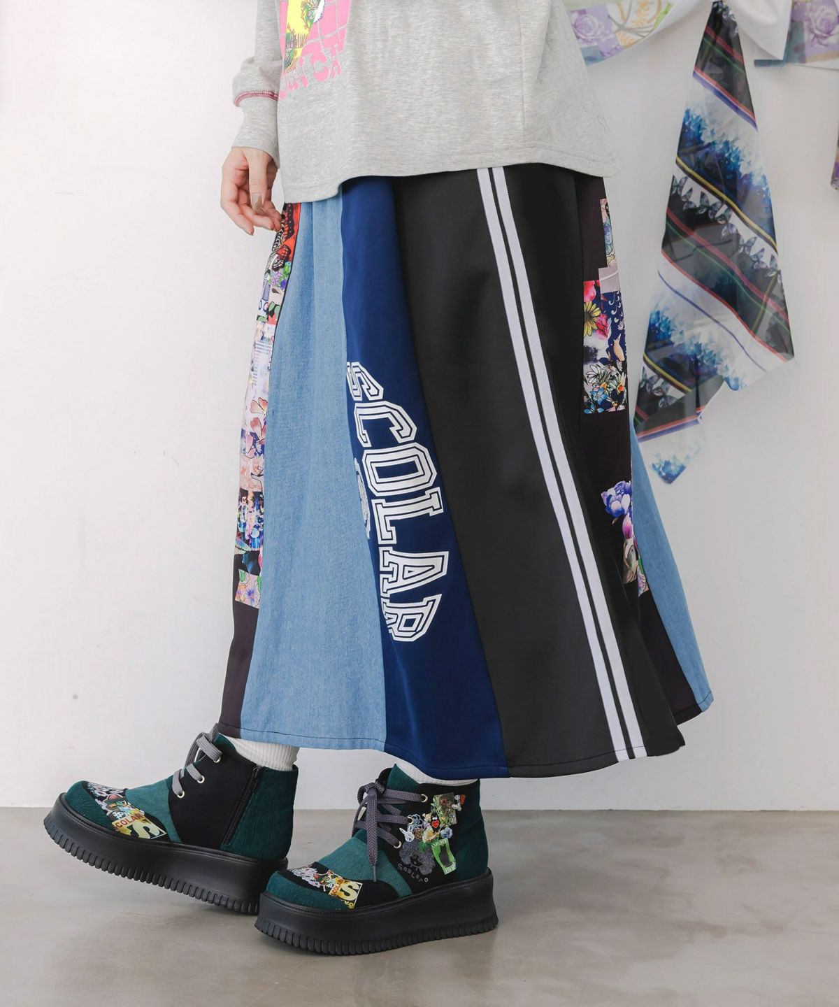 ロゴコラージュ柄 デニム×ジャージ切替スカート-3