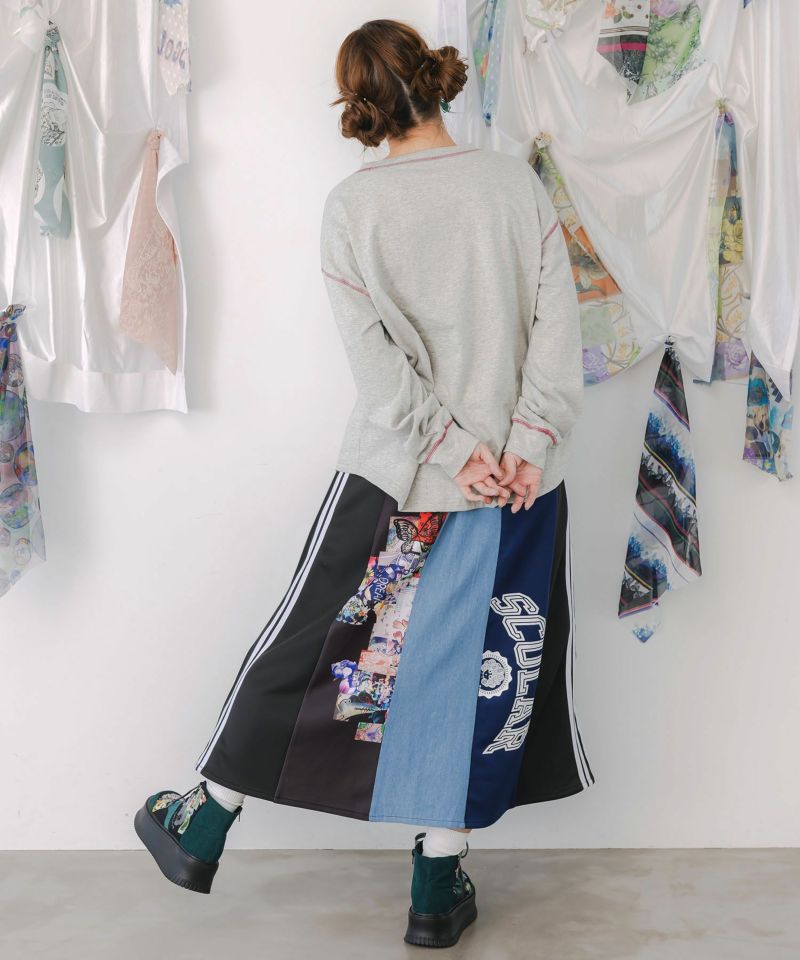 ロゴコラージュ柄 デニム×ジャージ切替スカート-5