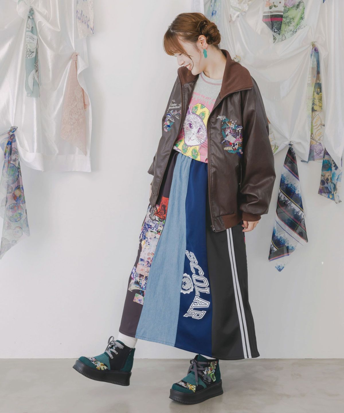 ロゴコラージュ柄 デニム×ジャージ切替スカート-7