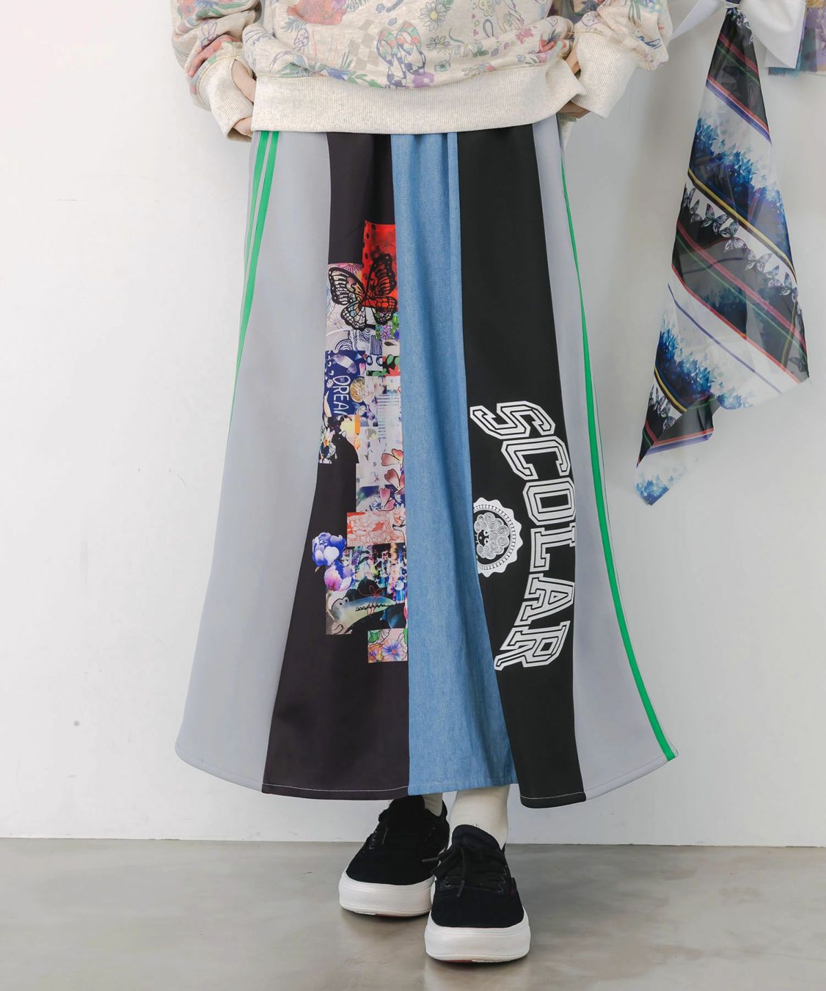 ロゴコラージュ柄 デニム×ジャージ切替スカート-8