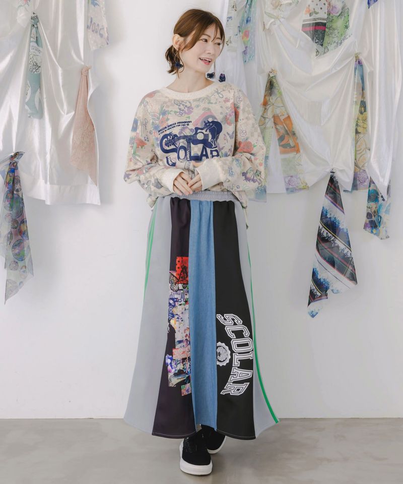 ロゴコラージュ柄 デニム×ジャージ切替スカート-9