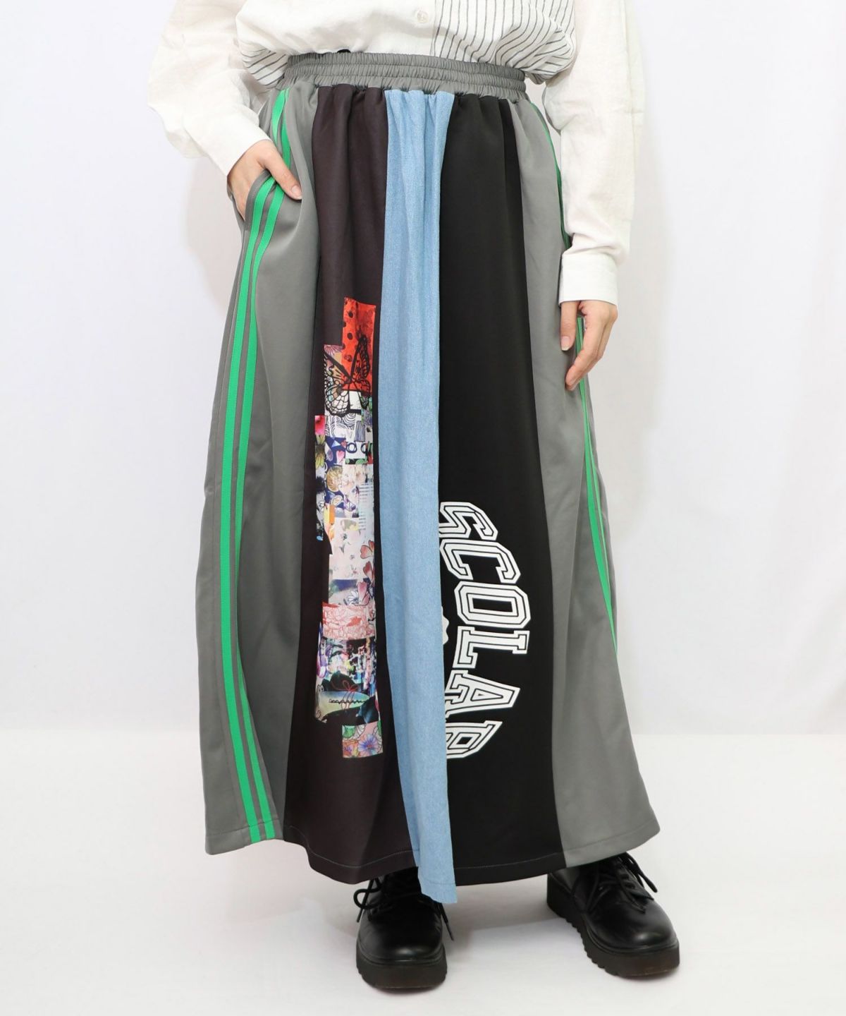 ロゴコラージュ柄 デニム×ジャージ切替スカート-11