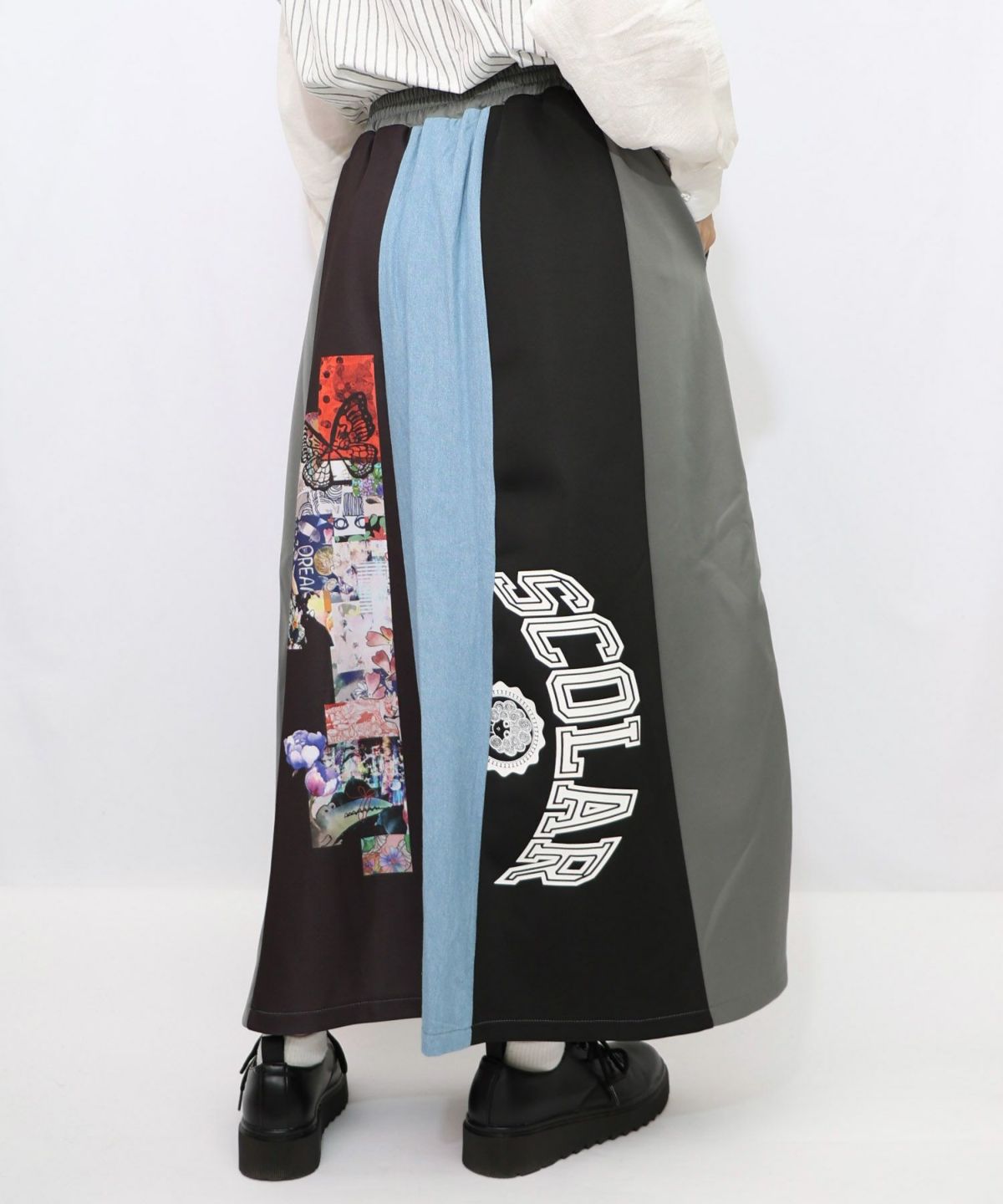 ロゴコラージュ柄 デニム×ジャージ切替スカート-13
