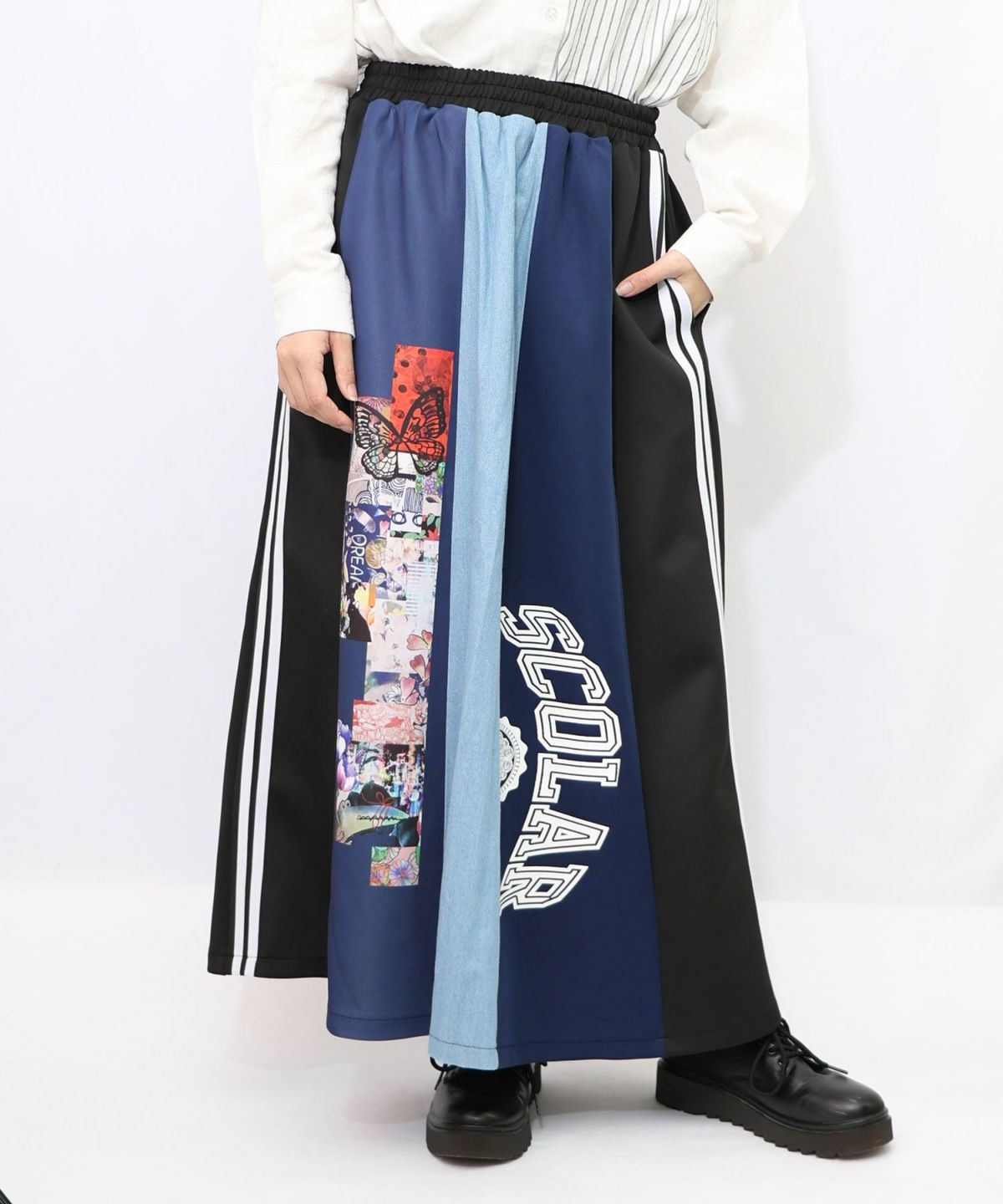 ロゴコラージュ柄 デニム×ジャージ切替スカート-15