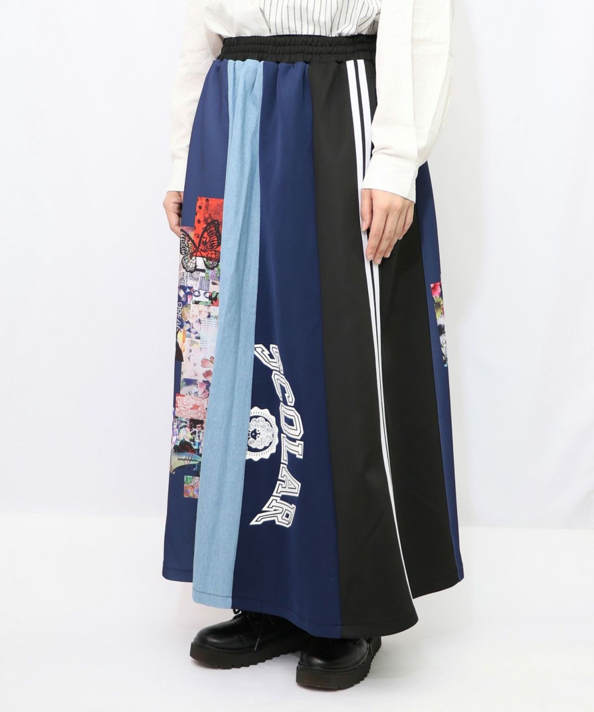 ロゴコラージュ柄 デニム×ジャージ切替スカート-16