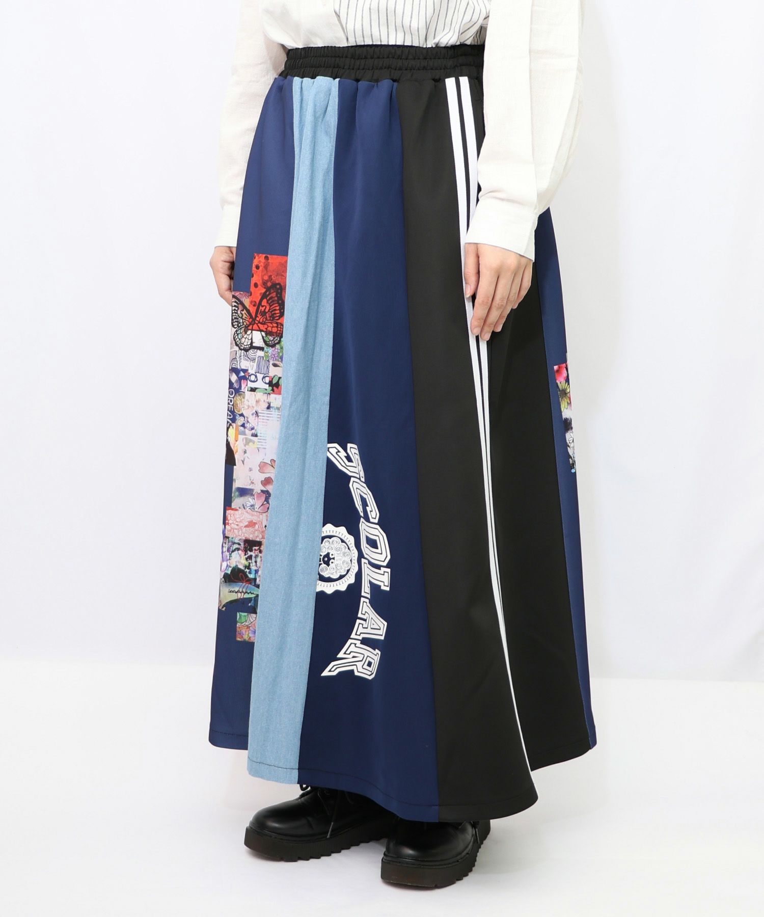 ロゴコラージュ柄 デニム×ジャージ切替スカート-16