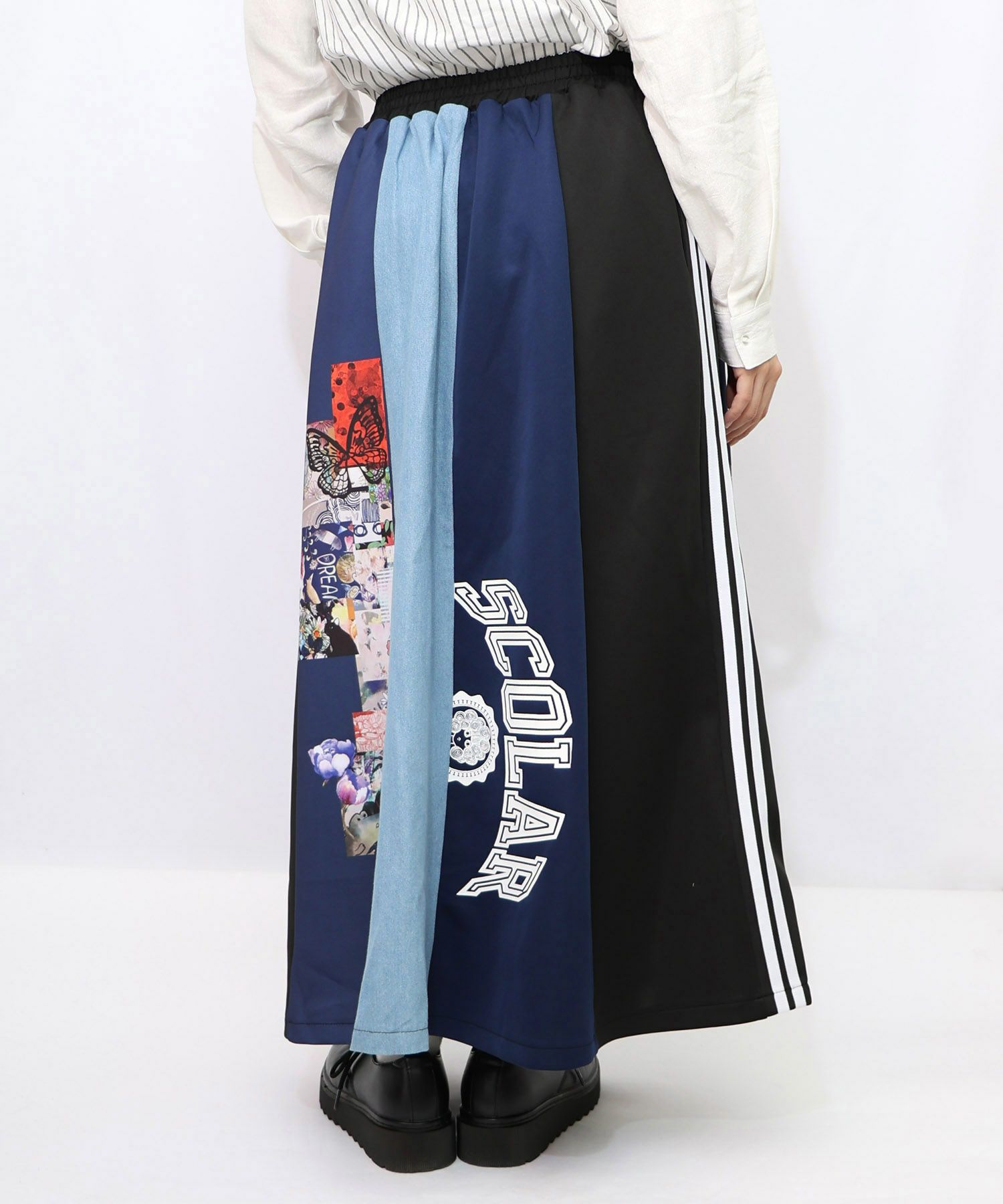 153637：ロゴコラージュ柄 デニム×ジャージ切替スカートの通販-ScoLar 
